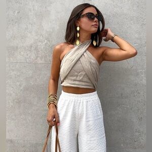 Commense Cotton & Linen Crisscross Halter Tank Top in Khaki. Size X-Small